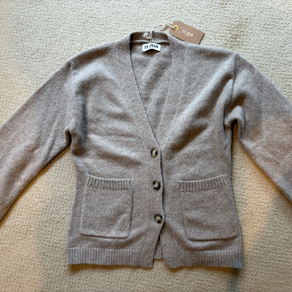Le Jean Taupe V-Neck Button Front Cardigan